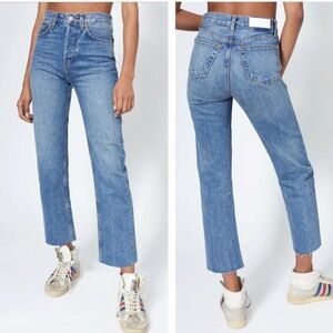 RE DONE High Rise Stove Pipe Jeans in Medium Wash Organic Cotton Blue Denim 26